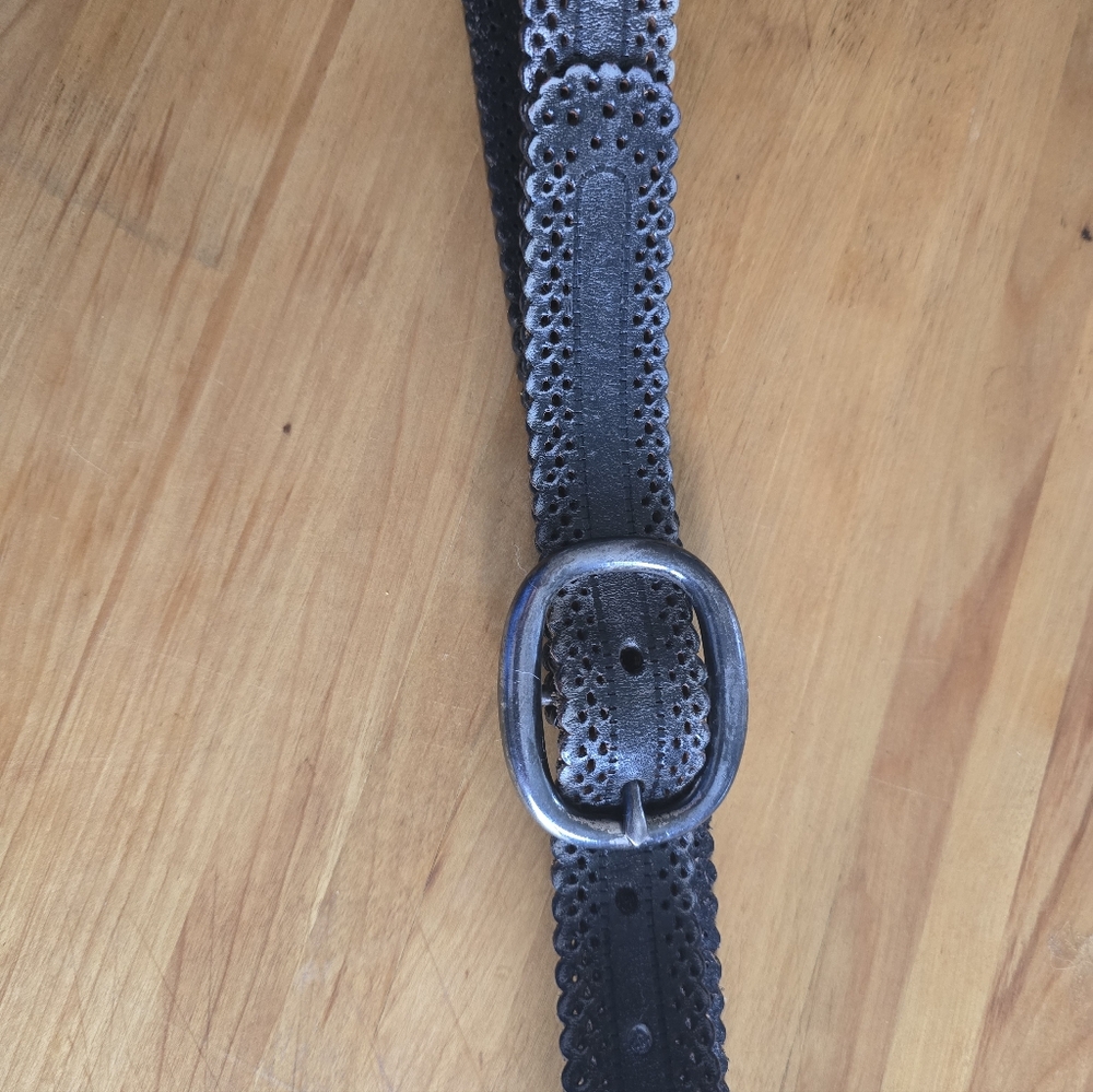Dark Brown Scalloped Edge Leather Belt with Oval Buckle - Picture 7 of 8